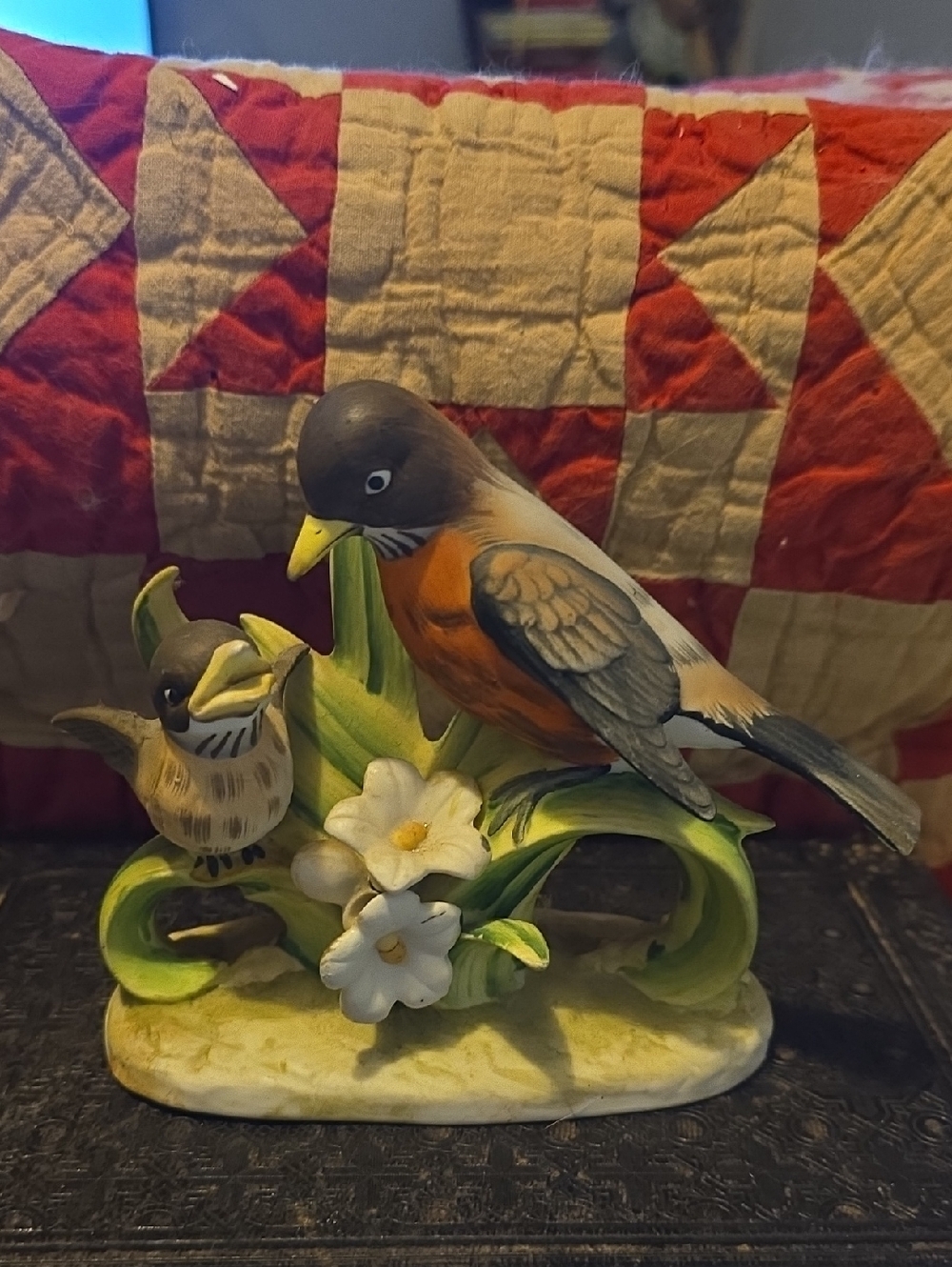 Lefton Hand-Painted Orange, Brown and Green Bird Pair Figurine
